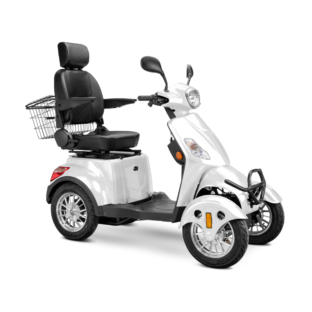 The Bespoke Prestige Recreational 4-Wheel Scooter features a white finish, black cushioned adjustable seat with high backrest and armrests, handlebars, front headlight, and a rear wire shopping basket.